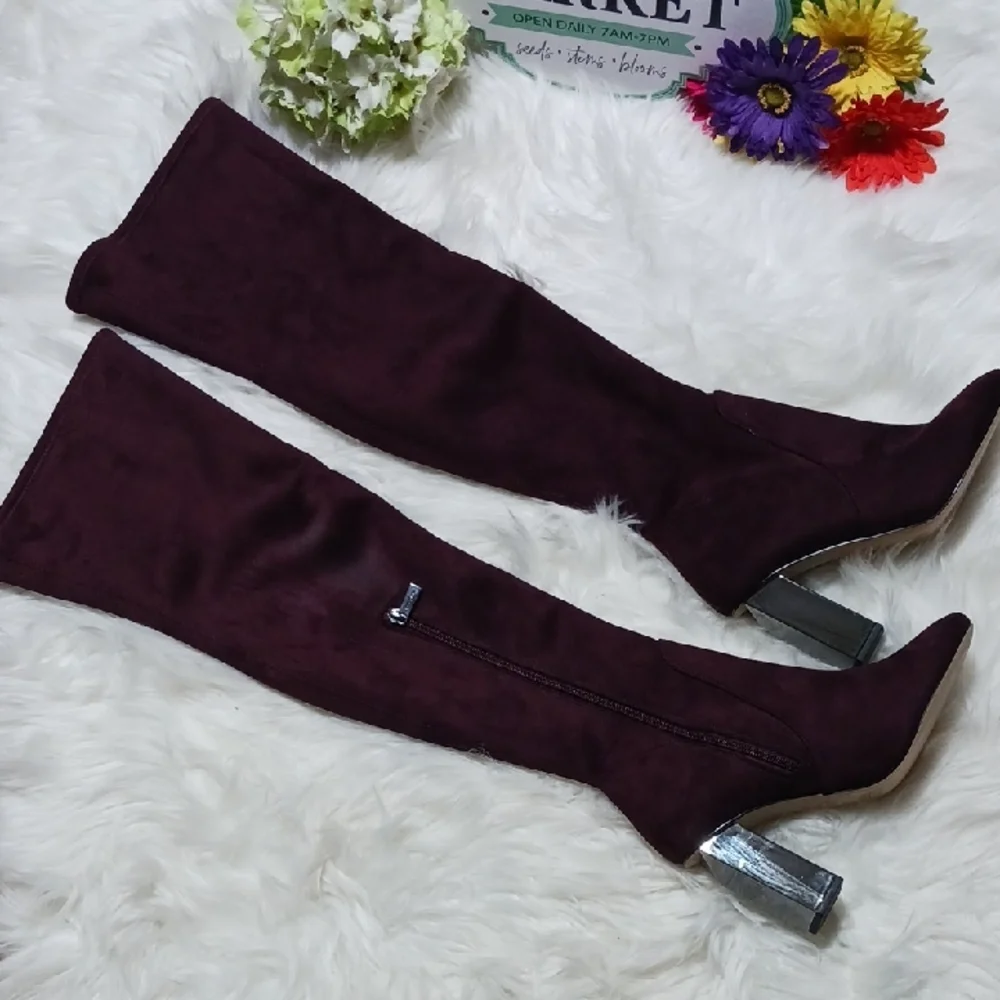 NWT Michael Kors Purple Over Knee High Heel Boots, Suede, Metalic Heels